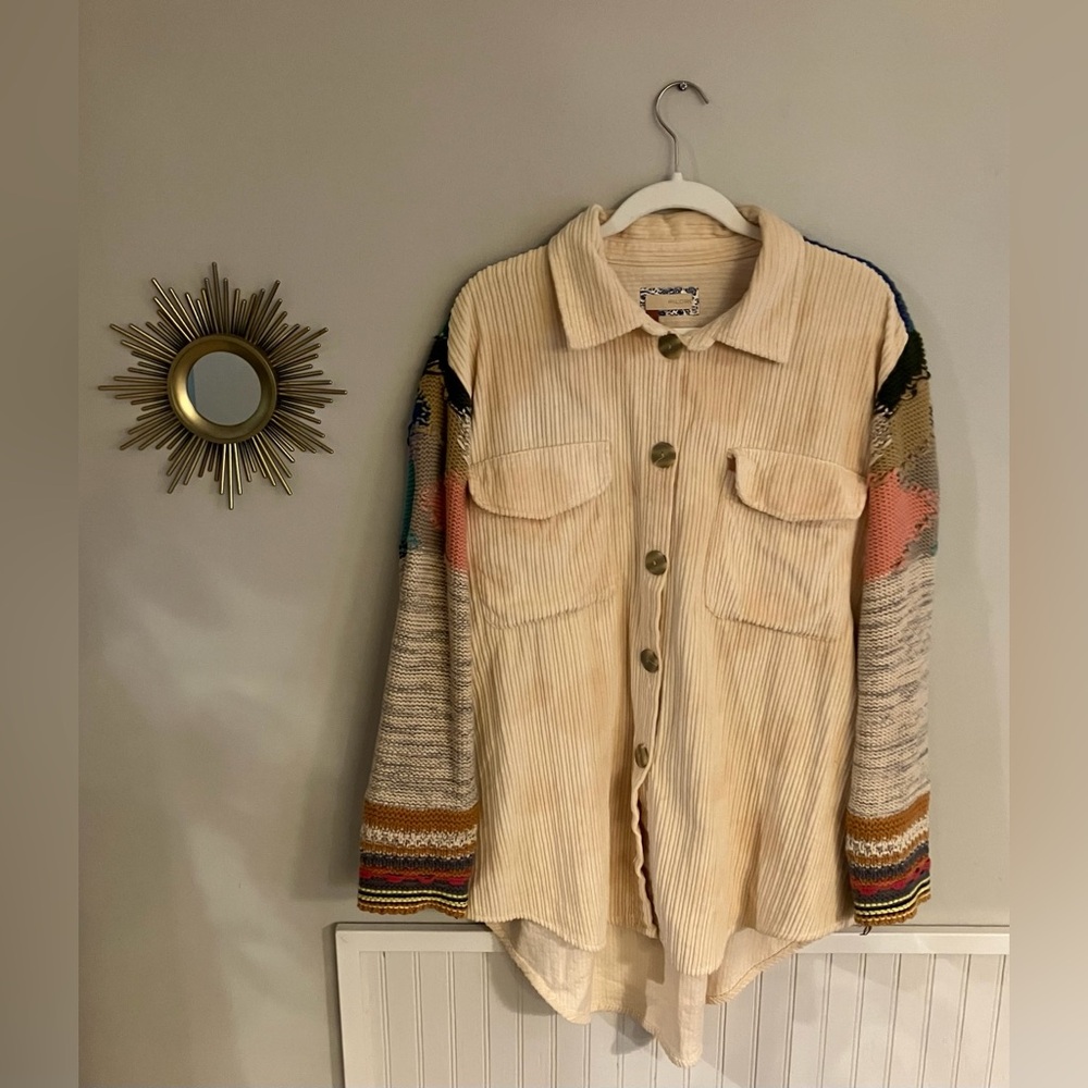 Anthropologie Pilcro EUC Shirt Jacket Cream Multicolor Sweater Sleeves Size L